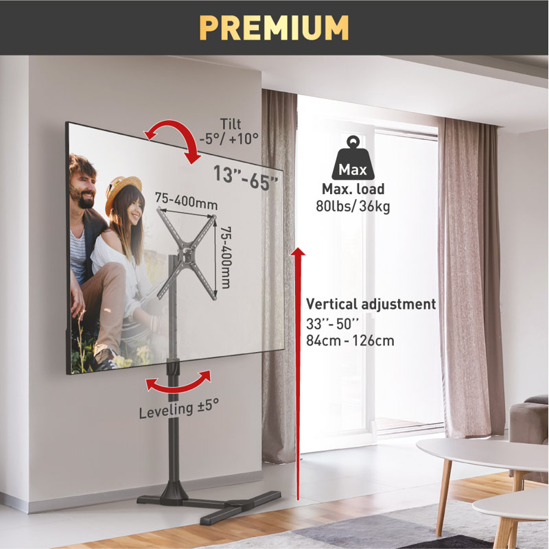 Support de plancher inclinable noir Barkan pour écrans de plus de 50 po, pouvant supporter jusqu'à 80 lb.