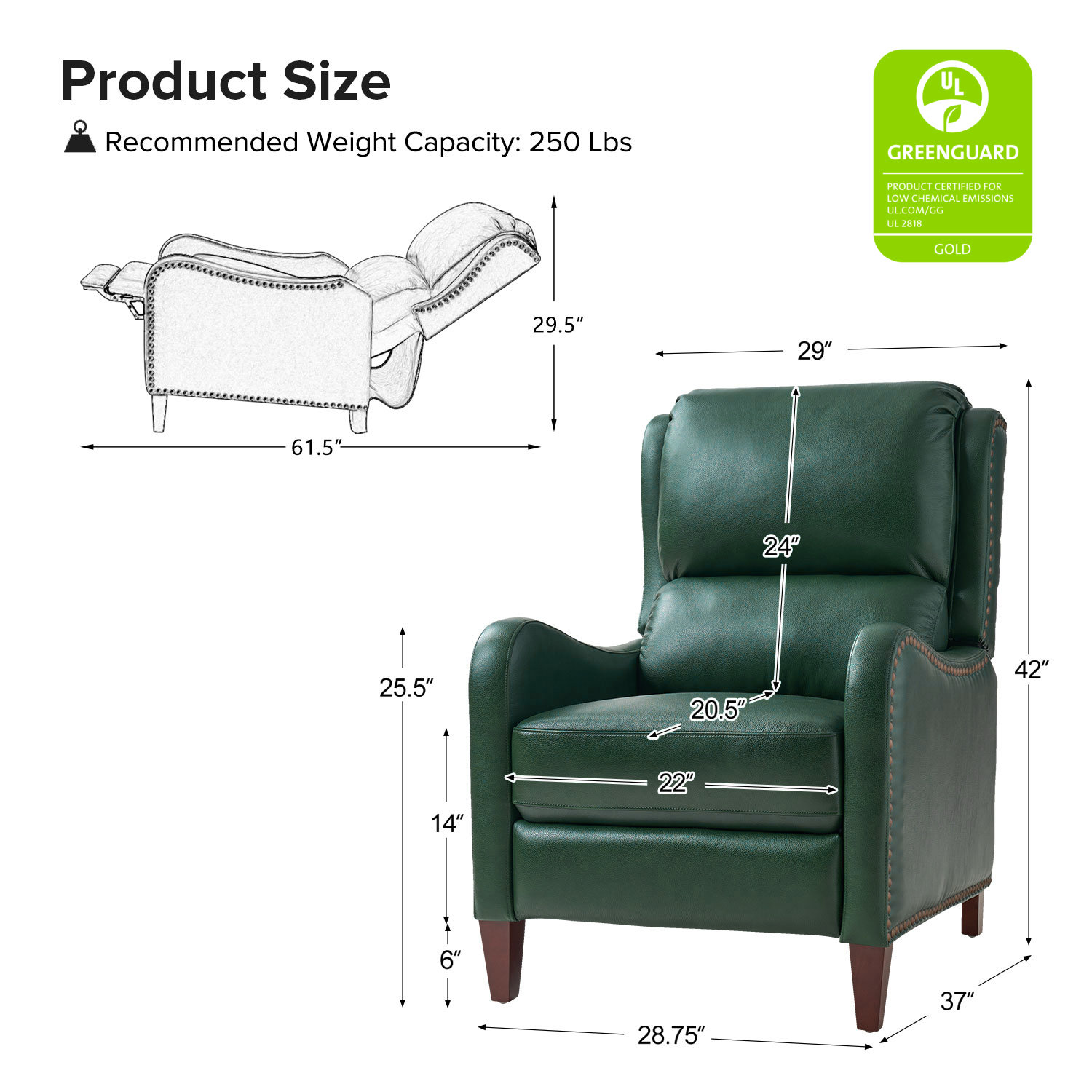 Beecher 29" Genuine Leather Manual Recliner, Green Genuine Leather