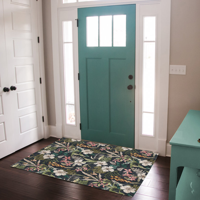 Tapis d'intérieur floral noir audacieux lavable à la machine Rayna Thea, Rectangle 3 pi 4 po x 4 pi 7 po