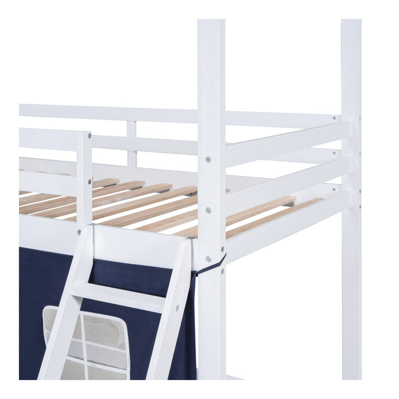 Lit simple superposé en bois avec lits élégants, rebords et tente, bleu et blanc, Bleu / blanc
