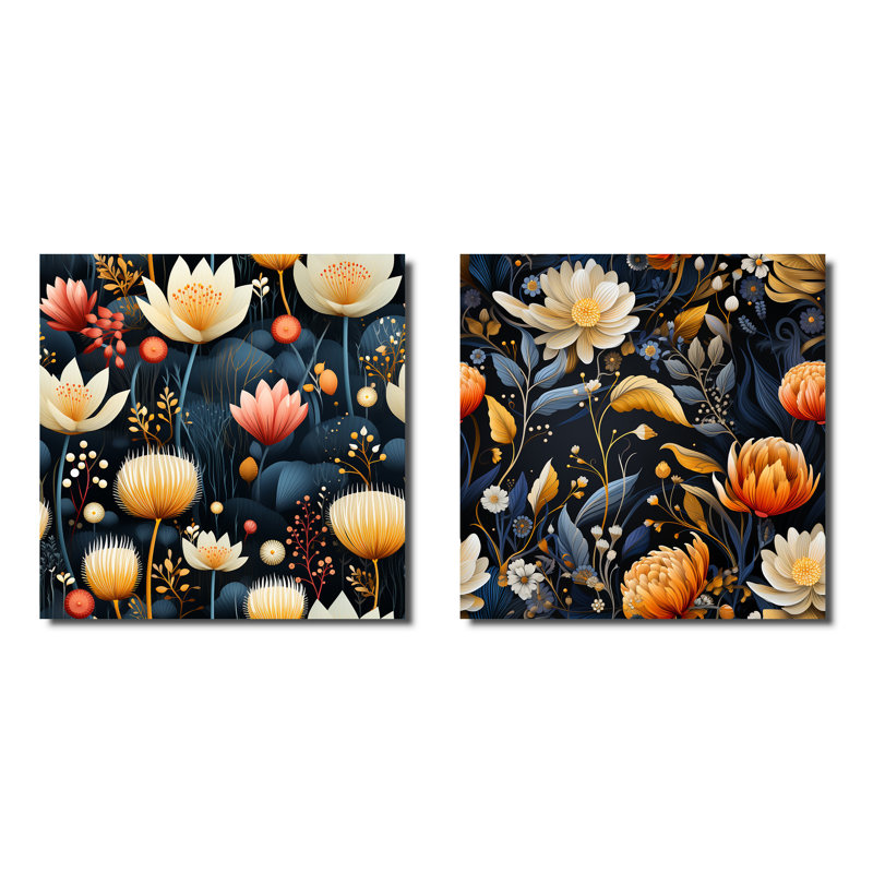 «Blue Multicolor Garden Blooms Floral», ensemble de 2 collages carrés, H 16 po x l 33 po, Toile tendue