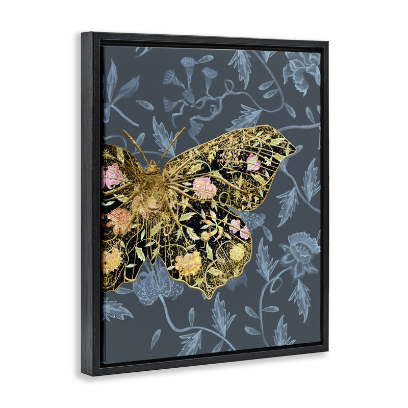 «Blue and Gold Butterfly» par Melissa Wang, Cadre flottant noir de jais, H 21 po x l 17 po