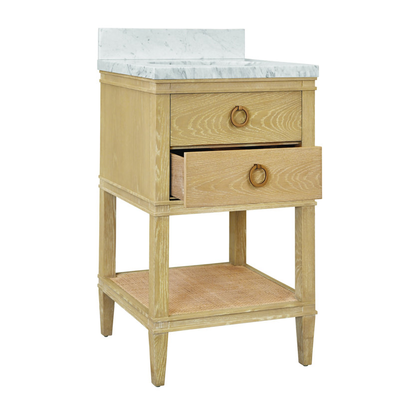 Meuble-lavabo avec tablette ouverte, plateau en marbre blanc, lavabo en porcelaine et anneau en laiton antique, Cerused Oak