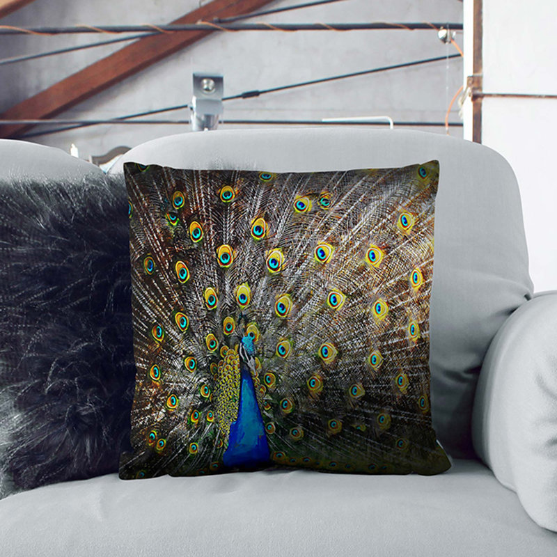 Peacock with Outstretched Feathers Cushion with Filling, White, 55cm H x 55cm W x 20cm D