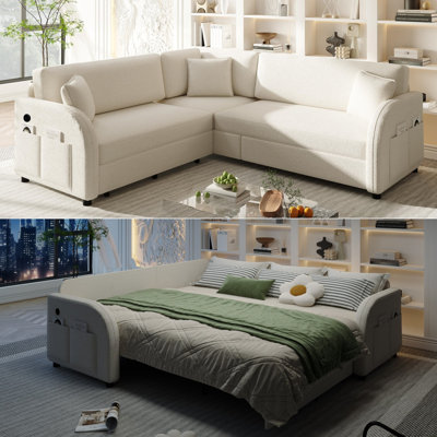 Oversize Convertible Sleeper Sofa with side Pocket & USB Port,Sherpa Fleece Upholstered Sectional Couches, for Living Room, Apartment, Office