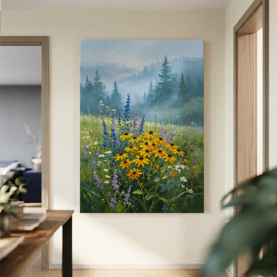 1Pc, reproduction d'art sur toile encadrée, Fleurs sauvages dans un pré brumeux, Style Art: Peinture à l'huile impressionniste. Décoration murale, parfait pour la décoration de salon, chambre, bureau, cuisine, salle de bain, décoration murale idéale
