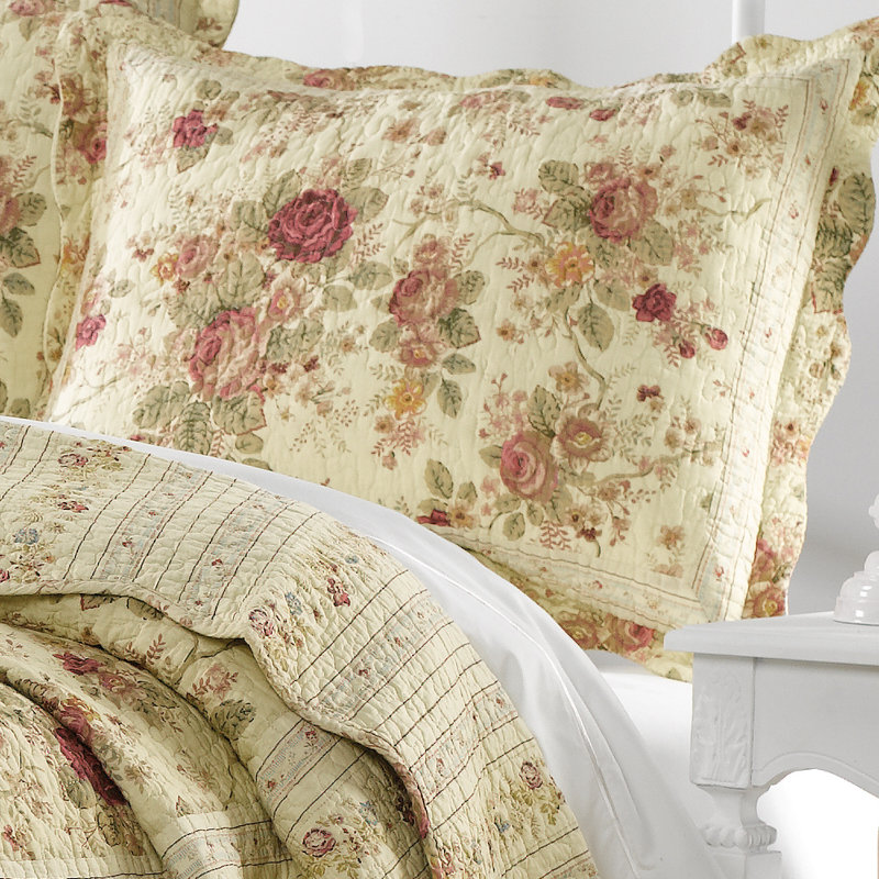 Antique Rose Cotton Reversible Quilt Set, Full/Queen Quilt + 2 Shams, Ecru