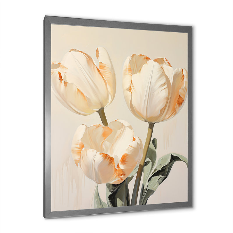 Minimalisme, symphonie de tulipes beiges sur toile, Cadre simple argenté, H 32 po x l 24 po x P 1 po