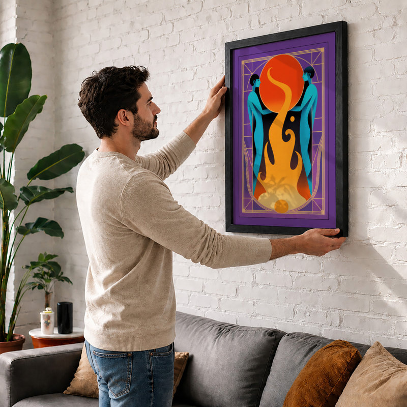 Figures Around Flame Modern - Framed Print, A4 - 29.7 x 21.0 cm, Black