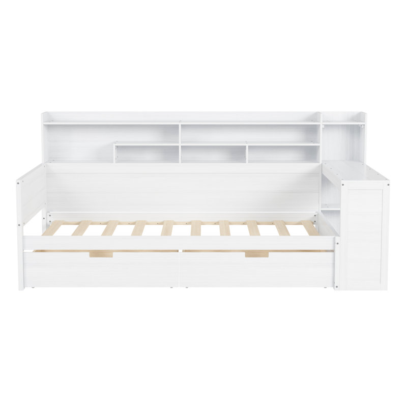 Wooden Twin Daybed With Storage Compartments & Work Desk, White Multi Study Antique Touch, Antique White