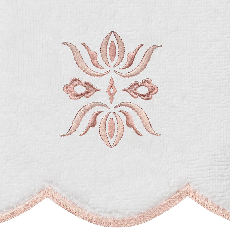  100% Turkish Cotton FLOWER CREST Scallop 6PC Embellished Towel Set, 6 Piece Towel Set, White/Pink