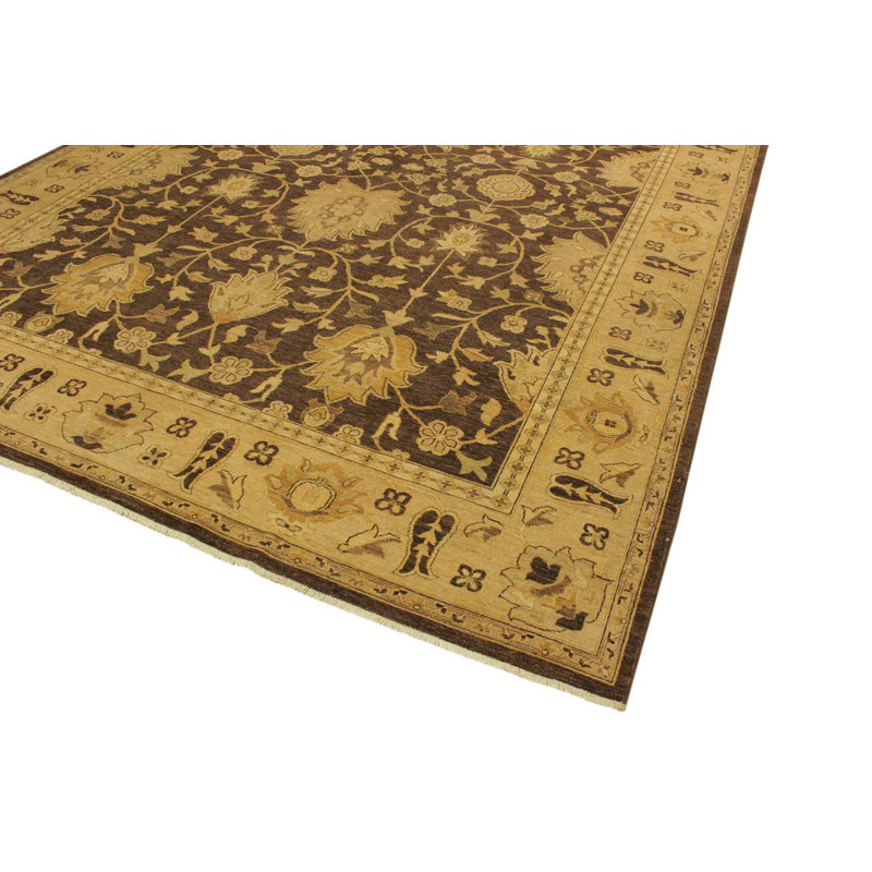 Tapis doré / brun en laine noué à la main de style oriental rectangulaire 10 pi 2 po x 13 pi 9 po Dorn
