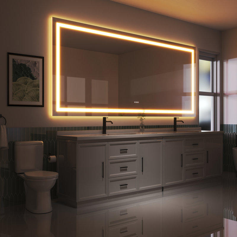 Led Bathroom Durable Tempered Mirror 72x 32, Dimmable Vanity Mirrors For Wall, Anti-fog, 3 Colors Adjustable, Memory, Double Led Lights ( Front And Backlit )