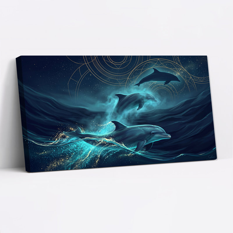 «Three Dolphins in Deep Blue Ocean with Golden Stars», art mural, L 40 po x H 20 po