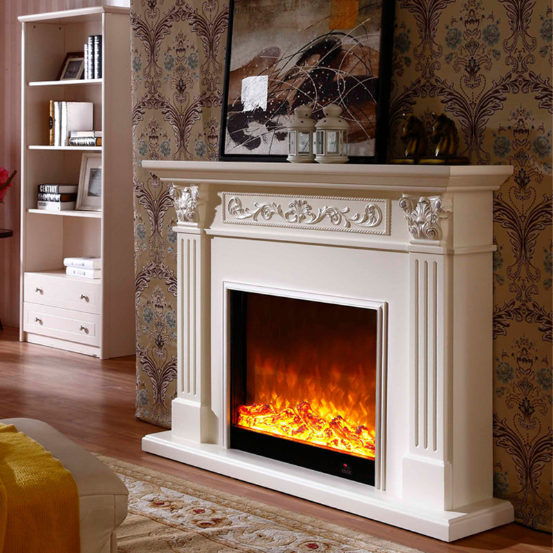 Armoire de foyer en bois massif de style européen avec foyer simulé, H 40,16 po x l 47,24 po x P 12,99 po, Blanc