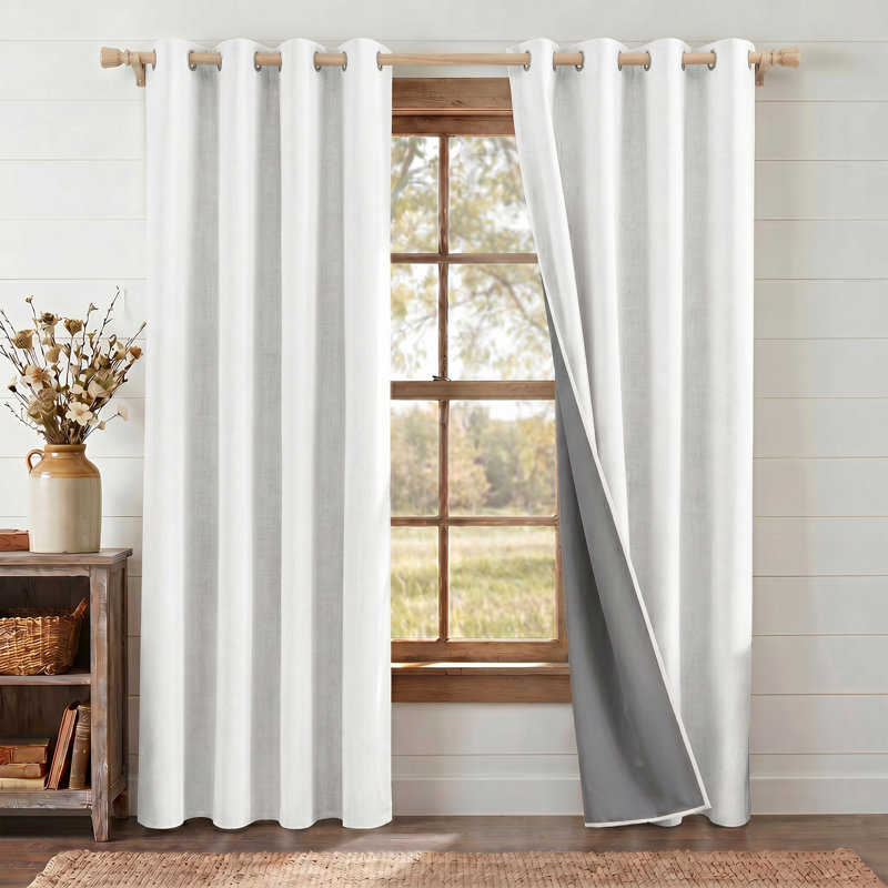 100% Blackout Linen Curtains for Bedroom, Burlap Linen Drapes with Thermal Insulated Grey Liner Grommet Noise Reducing Window Panels for Living room, 2 Panels