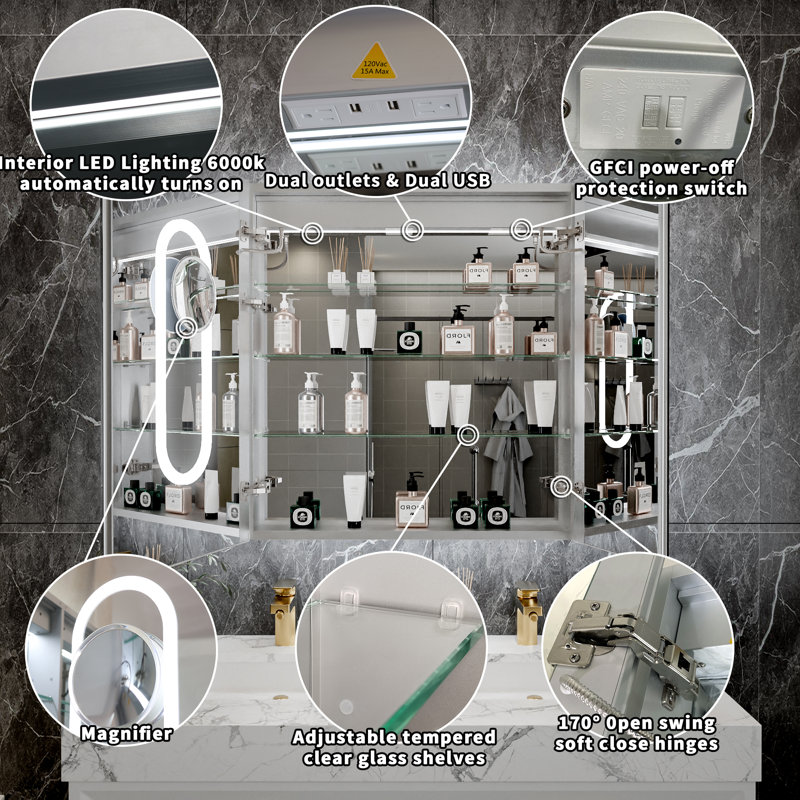 Twels 32"H LED Lighted Backlit Bathroom Mirror Medicine Cabinet with Magnifier Recessed Or Surface Mounted BLUM Hinges Front And Back Light