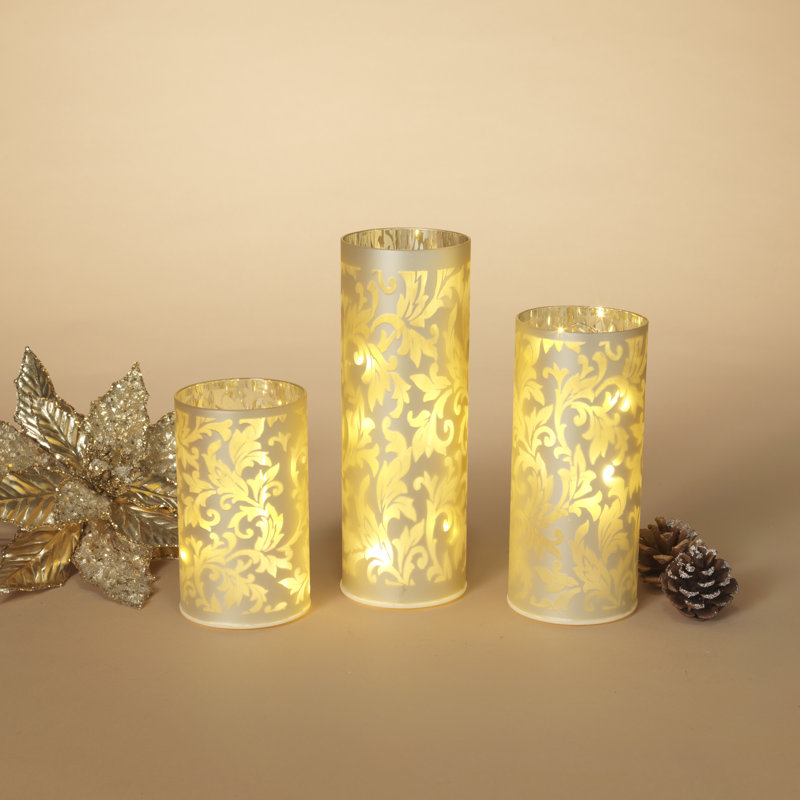Champagne Gold Embossed Glass Luminary Set with String Lights