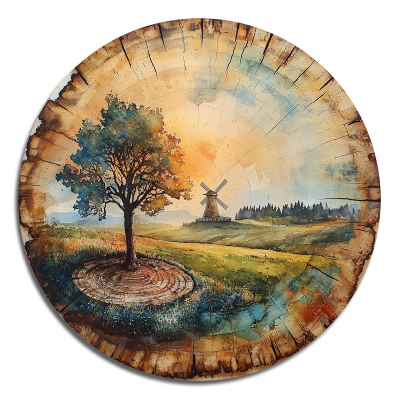 «Large Windmills Into A Summer Field Landscape», impression industrielle sur métal brun, H 23 po x l 23 po
