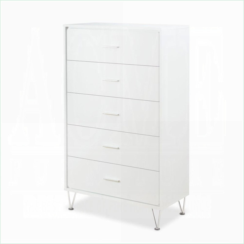 Commodes et amp; Garde-robes | Commode à 5 tiroirs avec pieds chromés Patins lisses | Blanc | Panneau de fibres à densité moyenne + panneau de particules