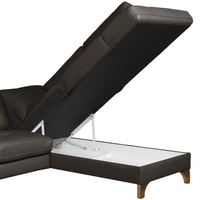Canapé d'angle en cuir Damar avec fonction de sommeil et rangement, Cuir véritable brun Damar, Orienté à droite