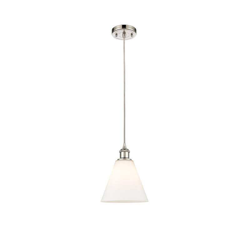 Luminaire suspendu conique à 1 lumière Halyn, H 11,75 po x l 8 po x P 8 po, Blanc, Nickel poli