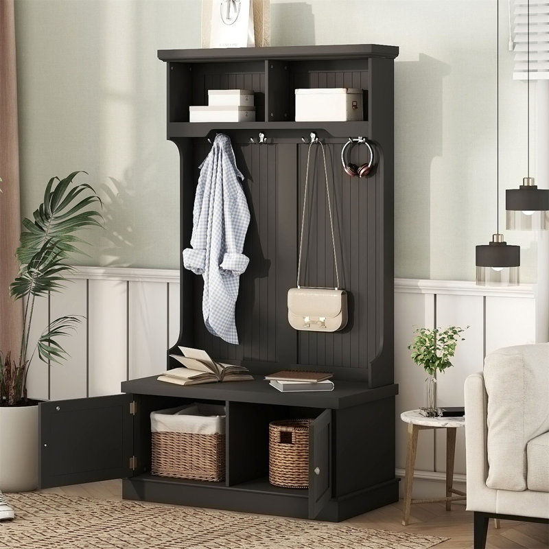 Hall Tree with Storage Shoe Bench, Black
