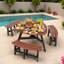 Ensemble de table de pique-nique extérieur 6 personnes avec pieds noirs, 3 bancs intégrés et trou de parasol central