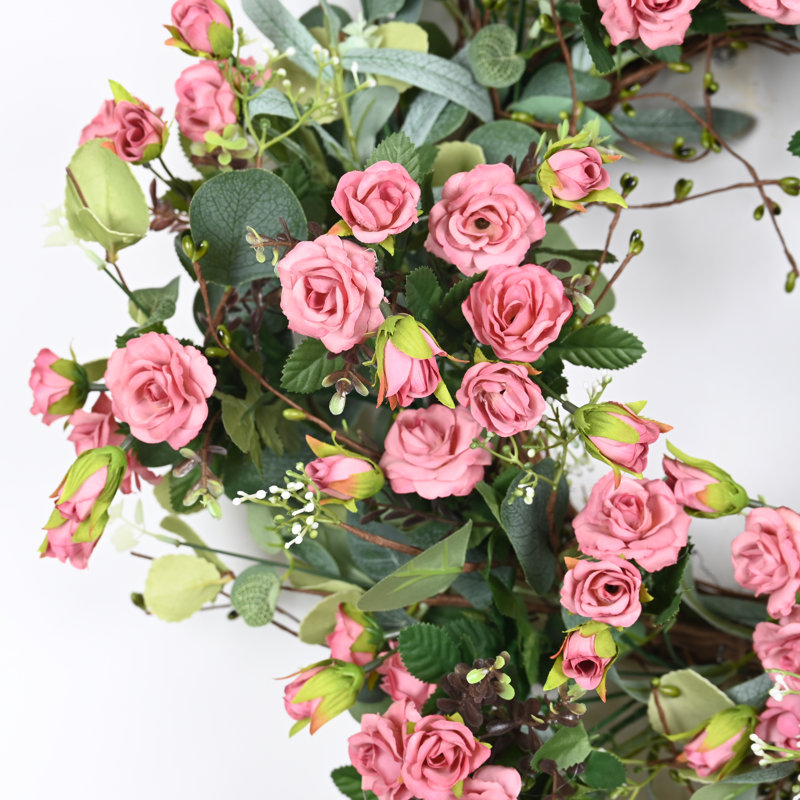 22" Artificial Farmhouse Spring Summer Blossoms Cluster Foliage Rose Floral Wreath For Front Door, Green/Pink