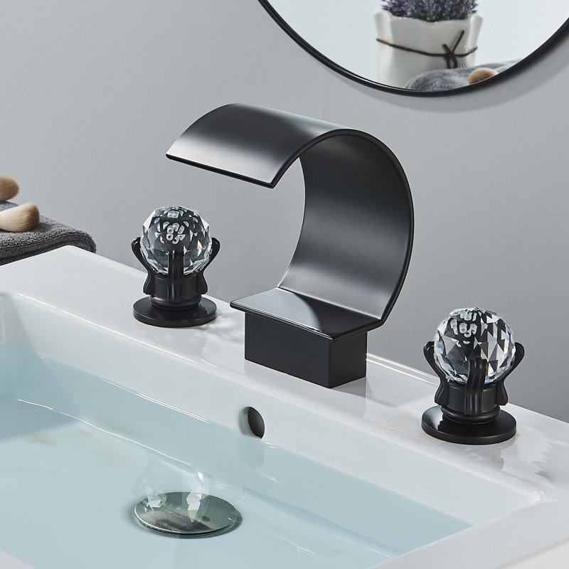 Waterfall Bathroom Faucet 3 Hole, Dual Crystal Handles Basin Mixer Tap, Widespread 8-inch High Arc Bathroom Sink Faucet, Modern Vanity Waterfall Faucet with Supply Hose