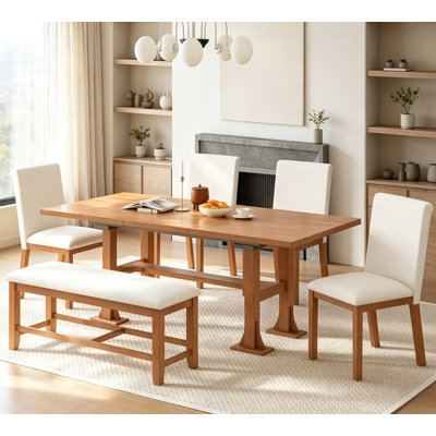 76" Farmhouse 6-Piece Extendable Dining Table Set Trestle Kitchen Table Set with 18inch Removable Leaf and Upholstered Dining Chair and Bench