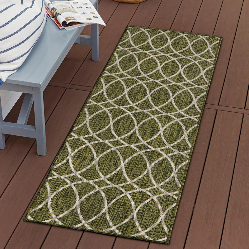 Geometric Indoor/Outdoor Area Rug in Green, Runner 2' x 7'10"