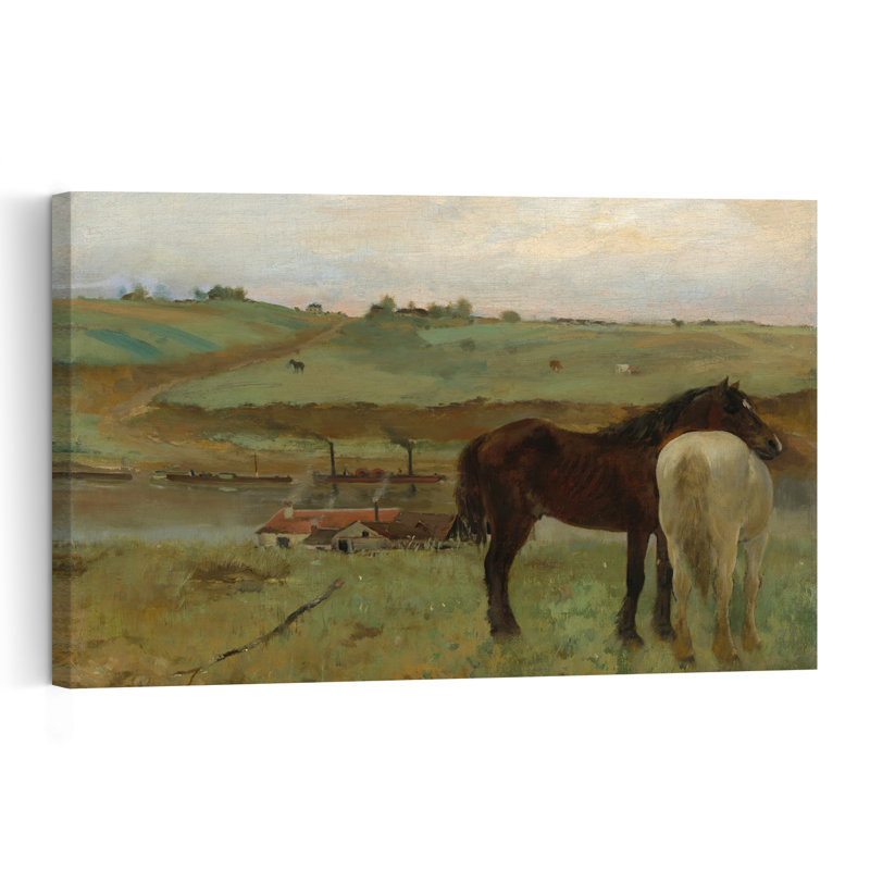 Chevaux dans un pré, 1871, impression d'art abstrait impressionniste contemporain représentant un paysage équestre.