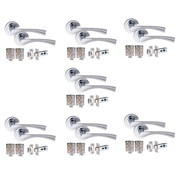  7 Sets Astrid Design Modern Lever Latch Door Handles on Round Rose in Polished Chrome Finish