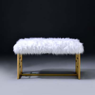 Contemporary White And Gold Bench With Faux Fur Seat For Bedroom Soft Covering Metal Legs