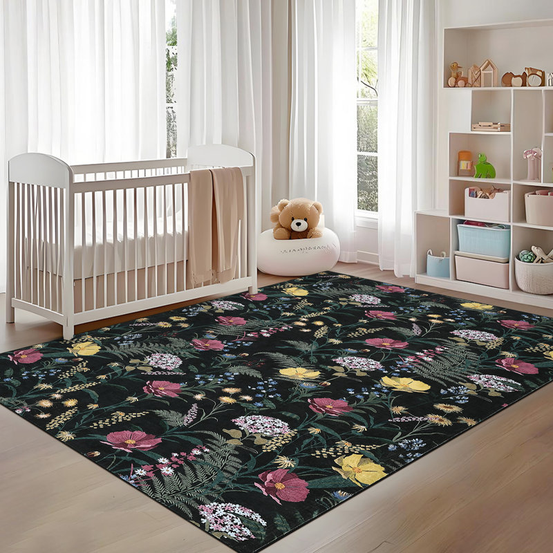 Modern Rug for Living Room Large Floral Printed Floor Carpet, Easy Cleaning Stain-Resistant Contemporary Indoor Mat for Bedroom, Office, Black