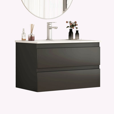 32-Inch Wall-Mounted Bathroom Vanity with Sink, Double Drawers, Soft-Close System, and Rounded Fronts for Modern Bathrooms