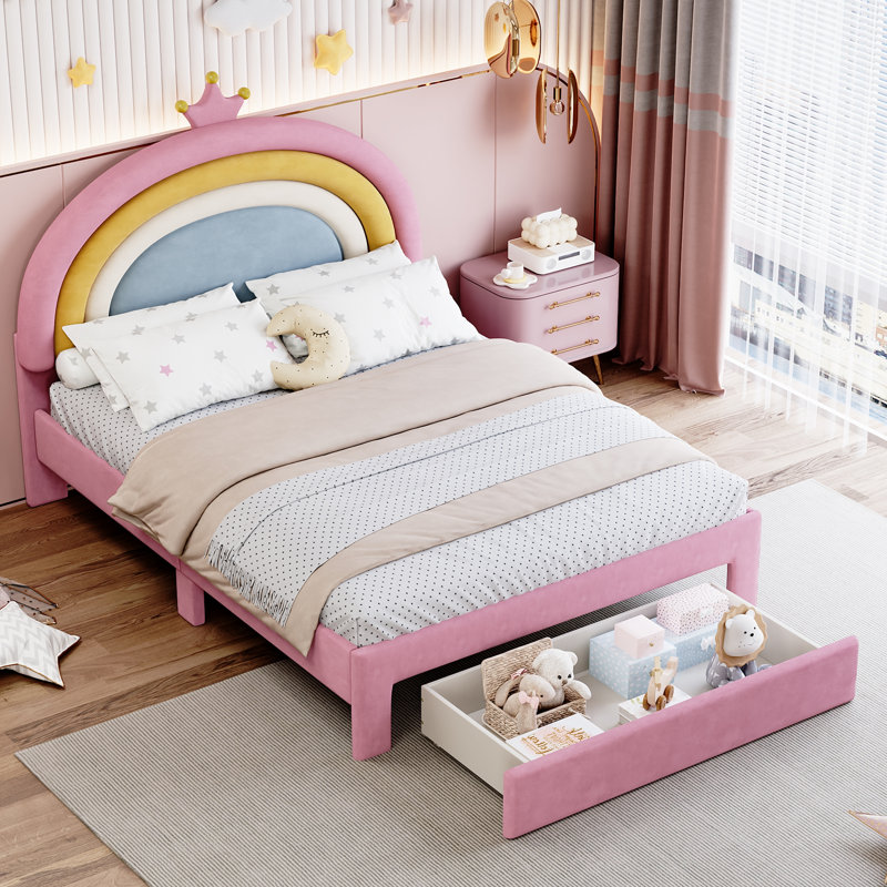 Lit double tapissier arc-en-ciel pleine grandeur, lit plateforme Princess avec tiroir de rangement