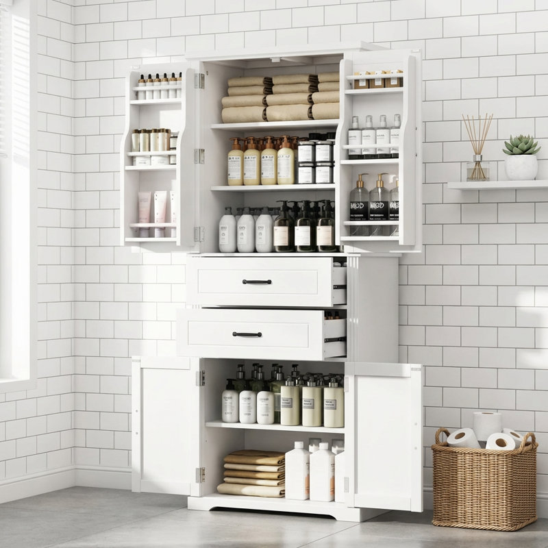 Multi-Functional Storage Cabinet with Adjustable Shelves and Drawers for Kitchen, Bathroom, Living Room, and Dining Room Organization