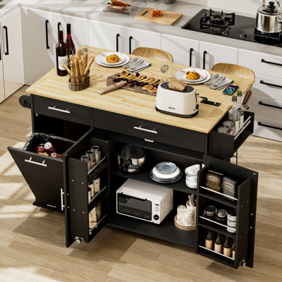 Rolling Kitchen Island With Power Outlet & Drop Leaf, Mobile Kitchen Island Cart With Tilt-Out Trash Can Storage, Spice Rack & Towel Rack And Adjustab by Winston Porter