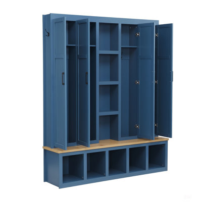 62.9W Farmhouse 4-In-1 Hall Tree With 6 Hooks, Mudroom Bench, And Open Compartments For Entryway Organization