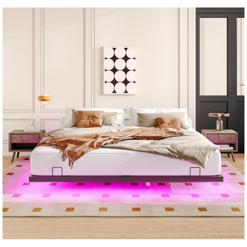 Cadre de lit flottant pour grand lit avec lumières DEL - Lit plateforme moderne en métal, sans sommier, stable et silencieux