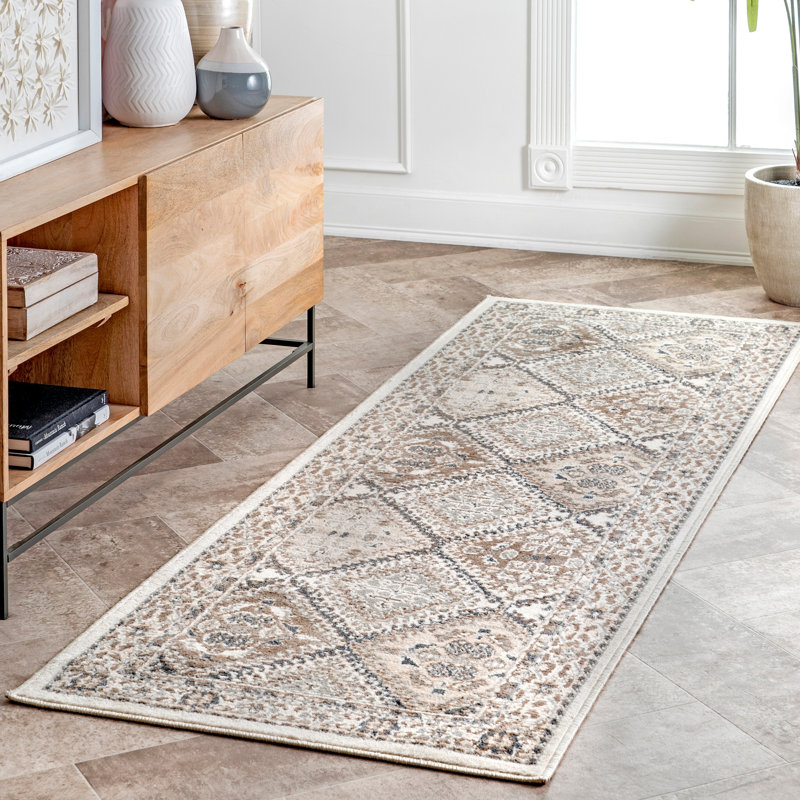 Holden Traditional Tiled Power Loom Performance Beige/Cream Rug, Runner 2'6" x 6'