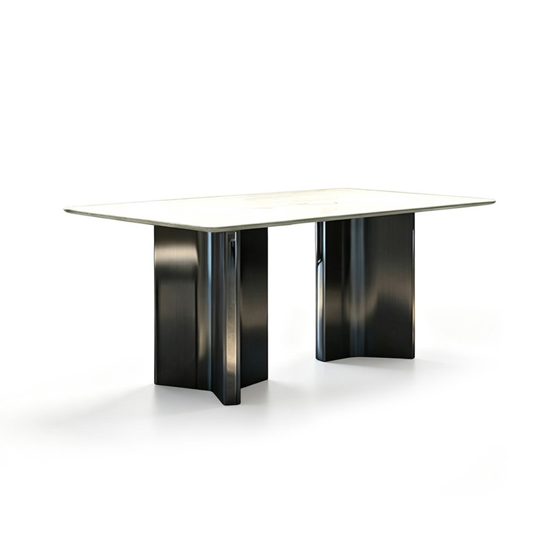 White Rectangular Stone with Metal Dining Table, 29.53"H x 62.99"L x 31.50"W