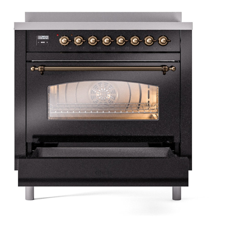 ILVE Nostalgie II Series 36 inch Induction Range with 6 Induction Elements (Glass Door), Glossy Black/Bronze