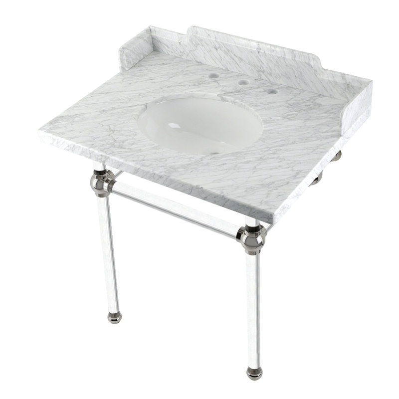 Kingston Brass Pemberton 30-Inch Carrara Marble Console Sink with Acrylic Legs (8-Inch, 3-Hole), Marble White/Chrome/White