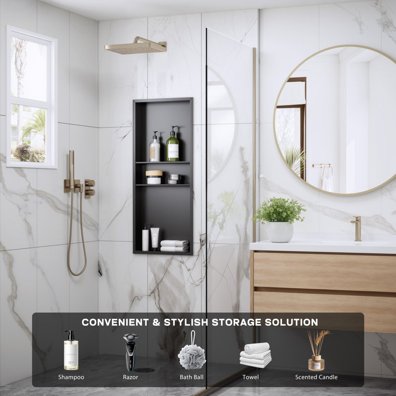 Niche de douche encastrée à trois niveaux l 16 po x H 40 po avec tablette, niche murale en acier inoxydable imperméable - aucun carreau requis