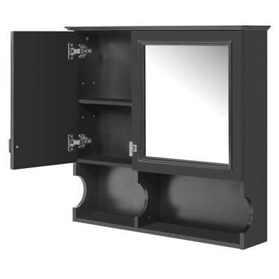 30" Wall Mounted Bathroom Storage Cabinet, Solid Wood Mirrored Medicine Cabinet with Soft Close Hinges, Asymmetric Double Door Organizer with 3-Position Adjustable Shelf and Open Bottom Cubby, Hanging Vanity Cupboard over the Toilet