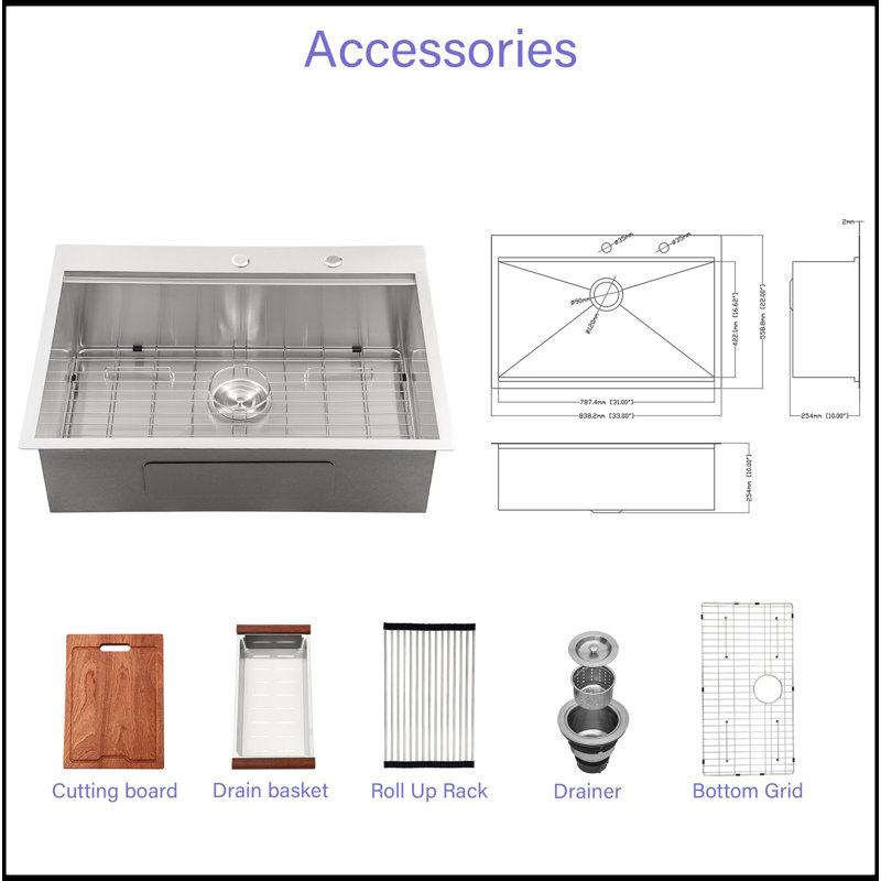Drop In Kitchen Sink - 33*22 Inch Kitchen Sink Drop-In Topmount Single Bowl 16 Gauge Stainless Steel Ledge Workstation Kitchen Sinks