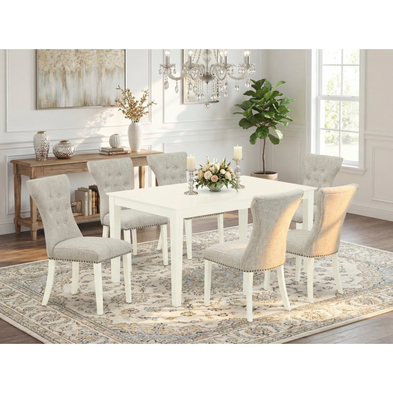 Ensemble de table de salle à manger 7 pièces comprenant une table de salle à manger rectangulaire et 6 chaises Parson revêtues de tissu de lin, blanc lin